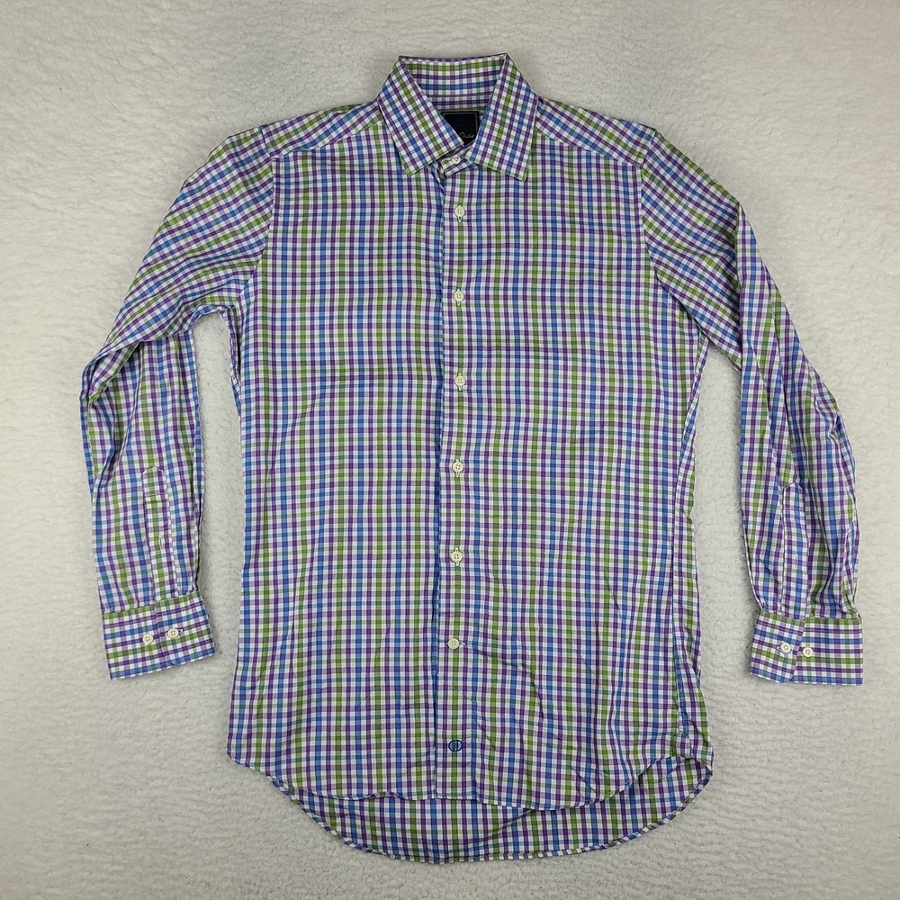 David Donahue Dress‎ Shirt Mens 15 32/33 Blue Purple Green Trim Fit Button Up
